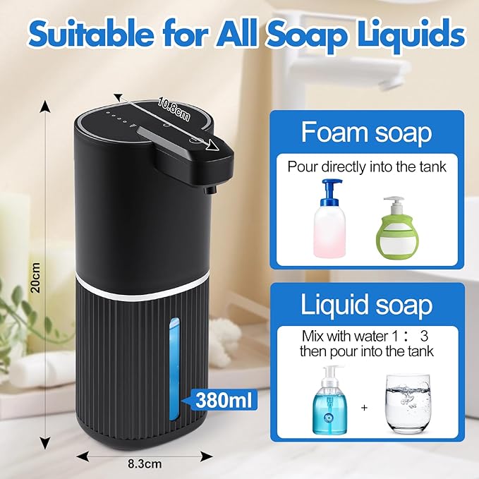 Automatic Soap Dispenser, Foaming Soap Dispenser Touchless with Continuous Dispensing, 4-Level Adjustable, Rechargeable Hand Soap Dispensers, Wall Mounted or Countertop for Bathroom & Kitchen