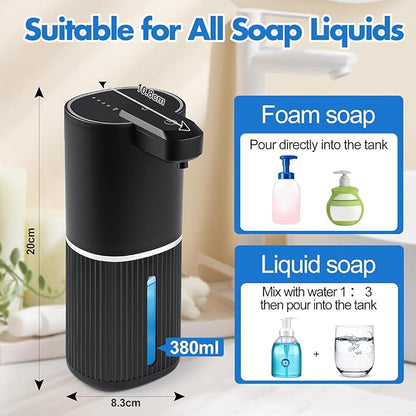 Automatic Soap Dispenser, Foaming Soap Dispenser Touchless with Continuous Dispensing, 4-Level Adjustable, Rechargeable Hand Soap Dispensers, Wall Mounted or Countertop for Bathroom & Kitchen