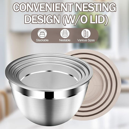 DUTZUN Stainles Steel Mixing Bowls with Lids Set, Stackable Metal Mixing & Serving Bowl with Strainer, 5-Piece - Beige - Image 5