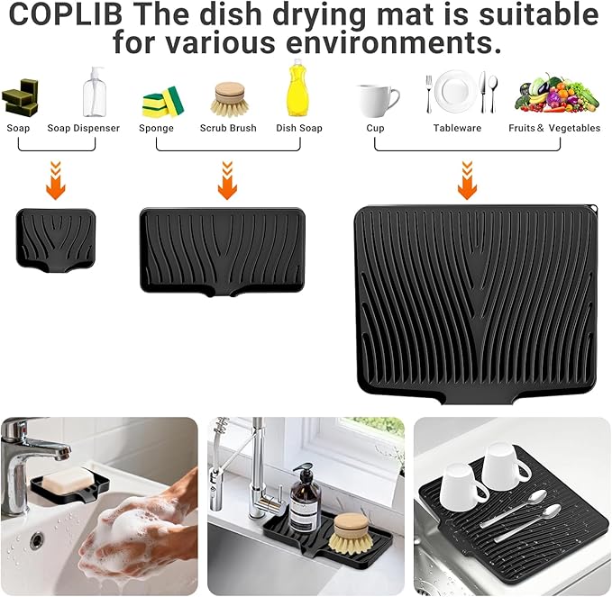 Silicone Dish Drying Mat for Kitchen Counter, Dish Drying Pad, Non-Slip Drain Pad with Built-in Drain, Heat Resistant Stone Drying Mat - Image 3