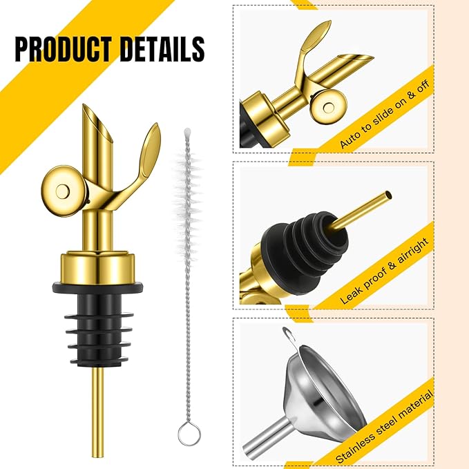 Tioncy 4 Pieces Weighted Stainless Steel Pourers Olive Oil Spout Olive Oil Dispenser Spout Automatic Opening and Closing with Funnel and Brush for Pouring Wine Syrup Kitchen(Gold)