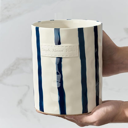 JIEMEI HOME Kitchen Utensil Holder, 7.2" Ceramic Stable Utensil Crock for Countertop, Modern Minimalism Style Cooking Tool Organizer with Cork Mat, Spatula Holder For Kitchen Decor, Blue stripes - Image 5