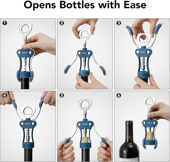 Beneno Wine Opener, Zinc Alloy Premium Wing Corkscrew with Multifunctional Bottles Opener, Sharp Wine Corkscrew with Ergonomic Non-Slip Wing Handle, Blue - Image 4