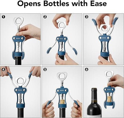 Beneno Wine Opener, Zinc Alloy Premium Wing Corkscrew with Multifunctional Bottles Opener, Sharp Wine Corkscrew with Ergonomic Non-Slip Wing Handle, Blue - Image 4