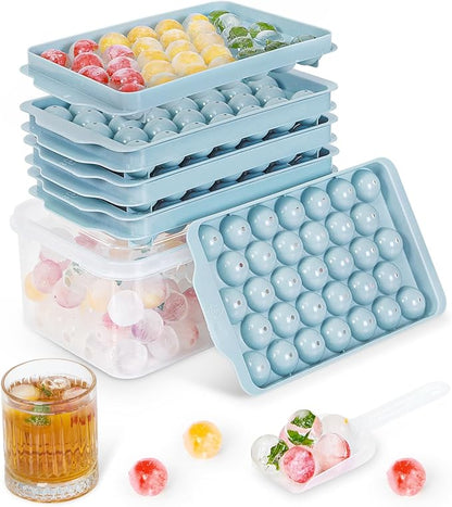 Optish Ice Cube Tray with Lid and Bin, 3 Pack Ice Trays for Freezer, 99 Pcs Round Ice Cube Mold, Ices Maker Bucket with Scoop for Cocktail, Coffee, Rv Accessories, Easy to Release (1 inch, Blue) by Optish