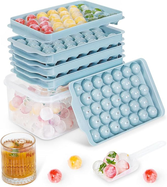 Optish Ice Cube Tray with Lid and Bin, 3 Pack Ice Trays for Freezer, 99 Pcs Round Ice Cube Mold, Ices Maker Bucket with Scoop for Cocktail, Coffee, Rv Accessories, Easy to Release (1 inch, Blue) by Optish