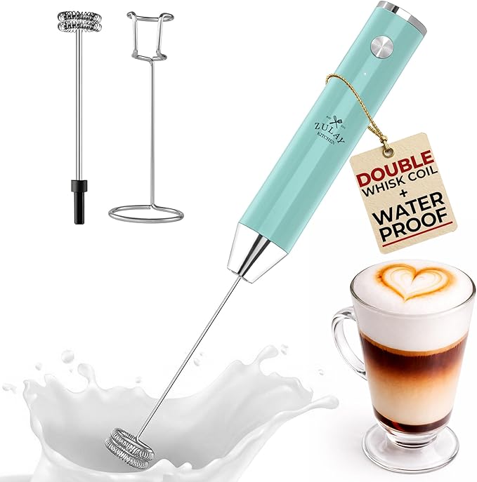 Zulay Kitchen Rechargeable Milk Frother Handheld Lux - Powerful 2-Speed Motor, Waterproof, 2000mAh Battery - Drink Mixer for Latte, Cappuccino, Matcha & Protein Powder - Sky Blue by ZulayKitchen