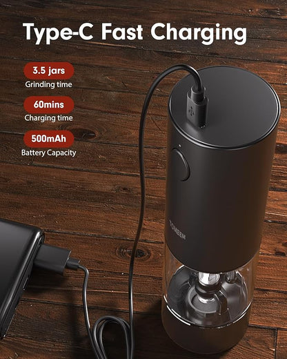 Upgraded Larger Capacity Electric Salt and Pepper Grinder Set Rechargeable with LED lights, Stainless Steel Automatic Pepper and Salt Grinder Refillable with 5 Adjustable Coarseness Black - White - Image 3