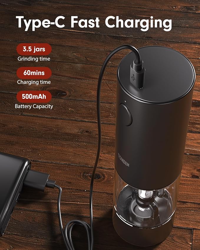 TOMEEM Upgraded Larger Capacity Electric Salt and Pepper Grinder Set Rechargeable with LED lights, Stainless Steel Automatic Pepper and Salt Grinder Refillable with 5 Adjustable Coarseness Black - Image 3