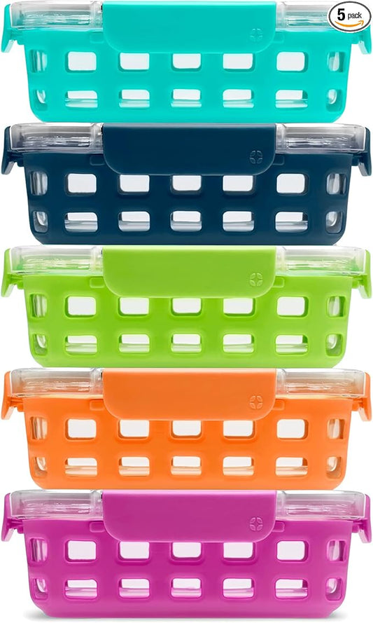 Ello Duraglass 3.4 Cup Meal Prep Sets 10Pc, 5 Pack Set- Glass Food Storage Container with Silicone Sleeve and Airtight BPA-Free Plastic Lids, Dishwasher, Microwave, and Freezer Safe, Fruit Salad