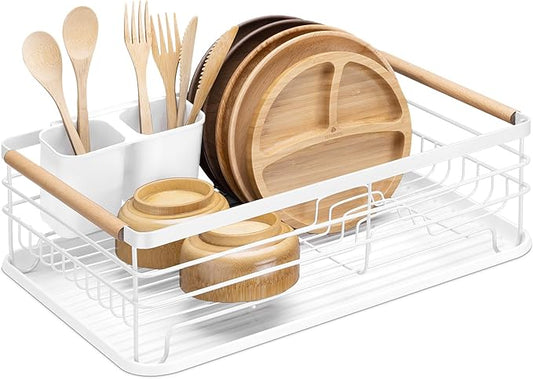 Navaris Dish Drainer Rack - Plate, Silverware, Pots and Pans - Dish Rack with Beechwood Handles - Metal Dish Drying Rack for Kitchen Counter - Modern Retro Design Dish Rack - White by Navaris