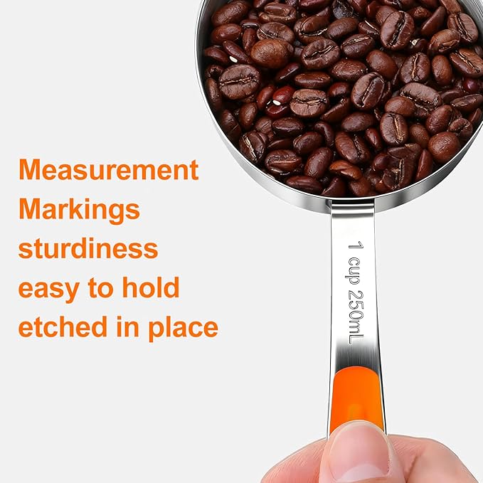 Bopei Measuring Cups and Spoons Set Stainless Steel 10 Piece for Cooking and Baking (5 Cups + 5 Spoons, Orange Handle) - Image 4