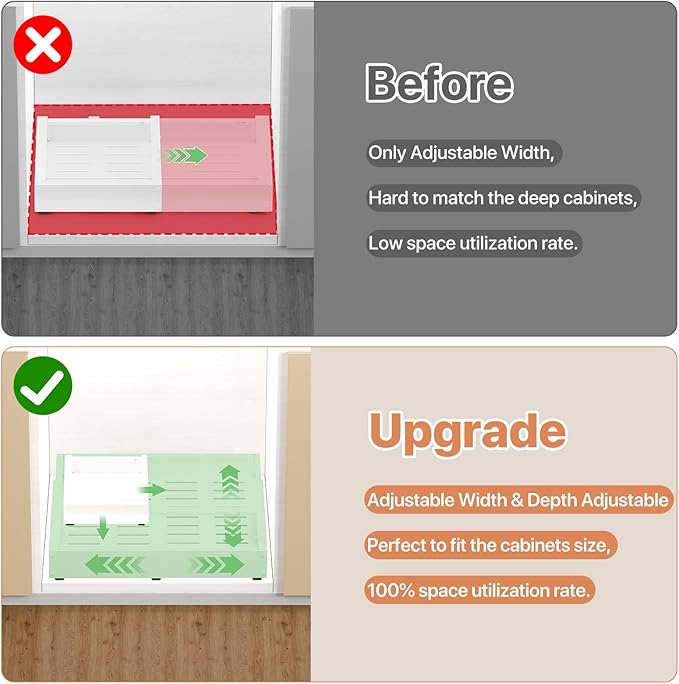 2 Pack Pull out Cabinet Organizer, Width (10"-15") Depth (11"-17"), with 3 Rails Adjustable Slide, Expandable Drawers for Cabinets, No Drill Adhesive Kitchen Drawers for Pantry Shelves white - Image 3