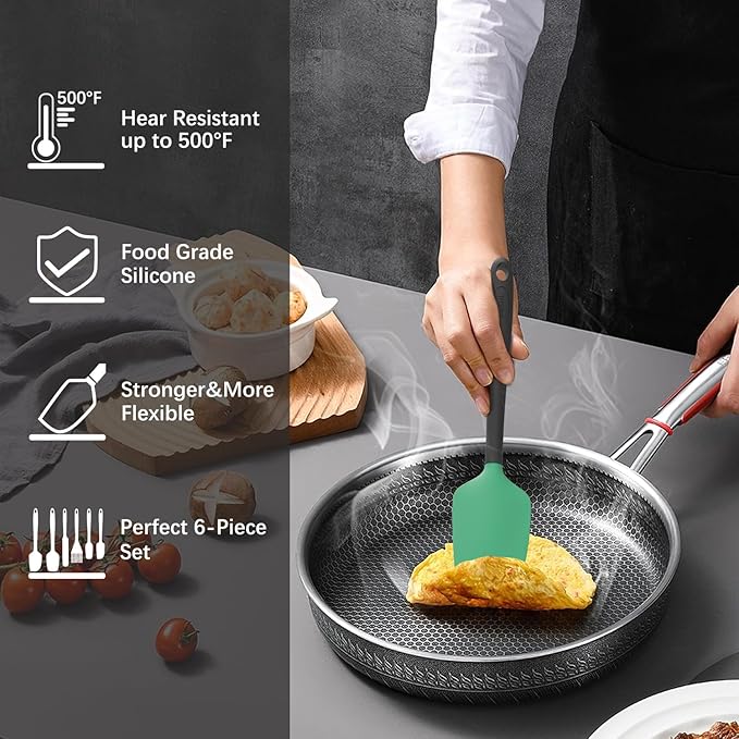 Silicone Spatula Set, 6 Pieces Food Grade Kitchen Utensils with Silicone Brush Heat Resistant Dishwasher Safe BPA-free Rubber Spatula for Scraping, Baking, Cooking, Mixing (Aqua Green)