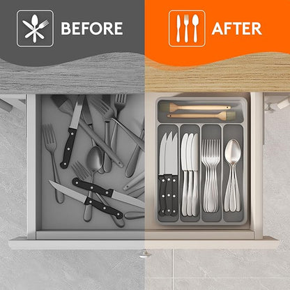 Lifewit Silverware Drawer Organizer Tray, Plastic Cutlery Storage for Kitchen, Flatware and Utensil Holder Divider for Spoons Forks Knives Tableware, 9.1 x 12.6", 5 Slots, Gray - Image 7