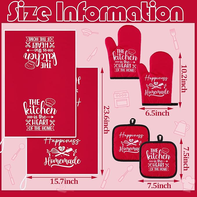 Sratte 6 Pcs Kitchen Decor Accessories Set Farmhouse Towels Pot Holders Oven Mitts Set 2 Dish Towels 2 Potholders 2 Cooking Mittens Oven Glove for Christmas Baking Cooking Supply(Red,Kitchen) - Image 4