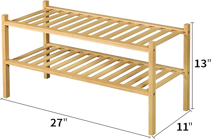 ROMGUAR CRAFT 2 Tier Bamboo Shoe Rack for Closet Free Standing Wood Shoe Shelf for Entryway Small Space Stackable 27"x11"x13" (Natural) - Image 3