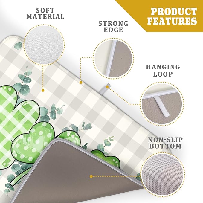 Giwawa Patrick Dish Drying Mat for Kitchen Green Clovers Grey Buffalo Plaids Dish Drainer Mats 18x24inch Spring Leaf Dish Drying Rack Pad Protector for Countertop Dining Holiday Decor