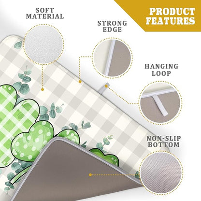 Giwawa Patrick Dish Drying Mat for Kitchen Green Clovers Grey Buffalo Plaids Dish Drainer Mats 18x24inch Spring Leaf Dish Drying Rack Pad Protector for Countertop Dining Holiday Decor