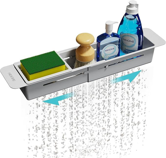 NiHome Extendable Over Sink Kitchen Organizer, Small Telescopic Brush Storage Rack for Sponge, Non-Slip Pads Expandable Sink Caddy, Adjustable Sponge/Brush Rack with Drainage Durable ABS (Gray) by NiHome