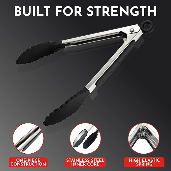 Kitchen Tongs with Silicone Tips Set of 3 Heat Resistant Tongs for Serving Food, 7-Inch, 9-Inch, 12-Inch Locking Silicone Tongs for Cooking, Salad Tong, Black Kitchen Utensils - Image 4