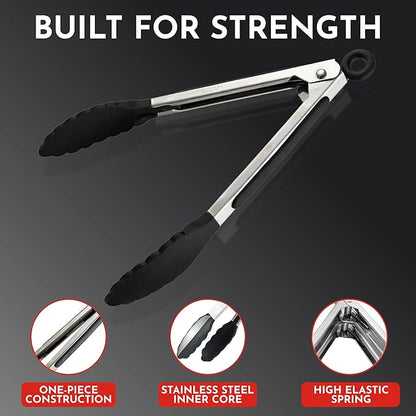 Kitchen Tongs with Silicone Tips Set of 3 Heat Resistant Tongs for Serving Food, 7-Inch, 9-Inch, 12-Inch Locking Silicone Tongs for Cooking, Salad Tong, Black Kitchen Utensils - Image 4