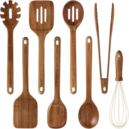 CAROTE Wooden Kitchen Utensils Set, Acacia Wood 8pcs Cooking Utensil Set for Nonstick Cookware, Long-lasting Wooden Spoons for Cooking, Spatula, Turner by CAROTE