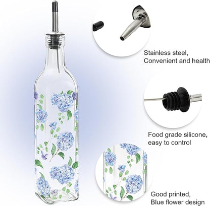 JarThenaAMCS Blue Hydrangea Olive Oil Dispenser Bottle Glass Cruet Bottle with Spout Floral Cooking Vinegar Container for Spring Mother's Day Home Kitchen Table Countertop Decor