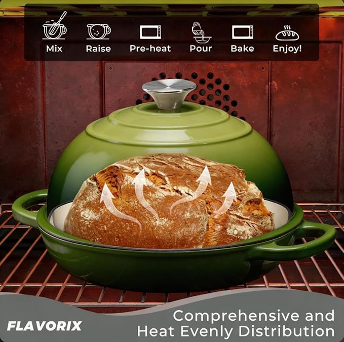 Cast Iron Bread Oven for Sourdough, 6Qt Bread Baking Pan with Lid, Enameled Sourdough Dutch Oven for Bread Baking, Oven Safe up to 482℉, Green