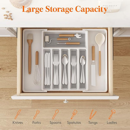 Lifewit Silverware Drawer Organizer, Expandable Utensil Tray for Kitchen, BPA Free Flatware and Cutlery Holder, Adjustable Plastic Storage for Spoons Forks Knives, 33 -57 x 42cm, White and Gray - Image 4