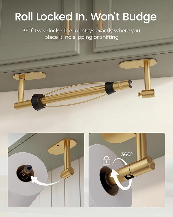 Gold Paper Towel Holder Under Cabinet, Self Adhesive or Wall Mount for Kitchen Bathroom, Stainless Steel Paper Towel Holders with Damping Effect, Single Hand Operable - Image 4