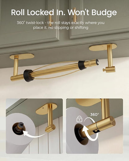 Gold Paper Towel Holder Under Cabinet, Self Adhesive or Wall Mount for Kitchen Bathroom, Stainless Steel Paper Towel Holders with Damping Effect, Single Hand Operable - Image 4