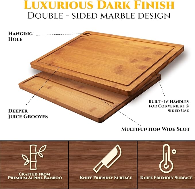 Bamboo Cutting Board 3-Piece Set with Juice Grooves – Non-Slip Wooden Chopping Boards for Kitchen & Housewarming Gfit, Multi-Size Serving Tray for Meat, Vegetables, Fruits - Image 3