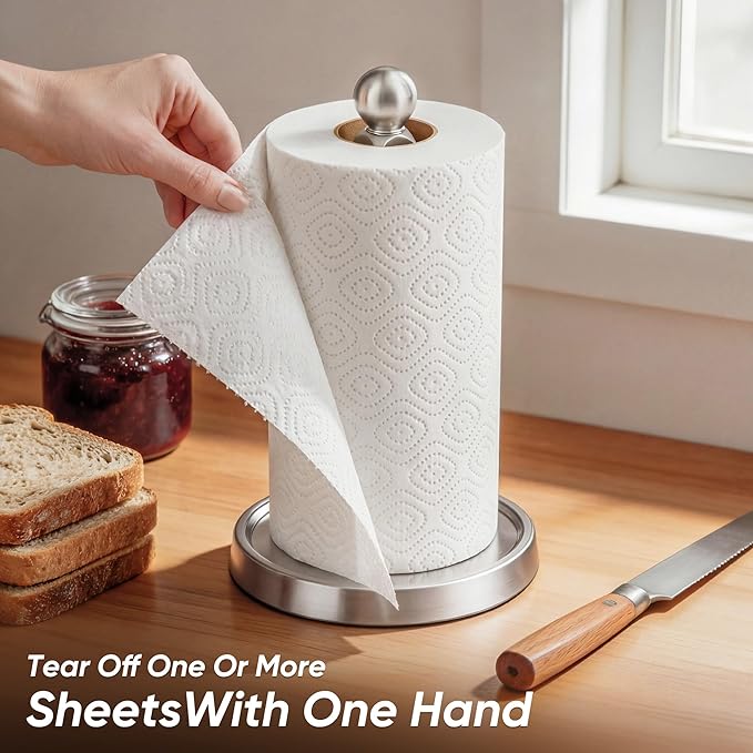 theaoo Paper Towel Holder Countertop, One-Handed Tear Paper Towel Stand Dispenser with Damping Function for Kitchen Bathroom, Stainless Steel Paper Towel Holder with Weighted Non-slip Base (1, Silver) - Image 2