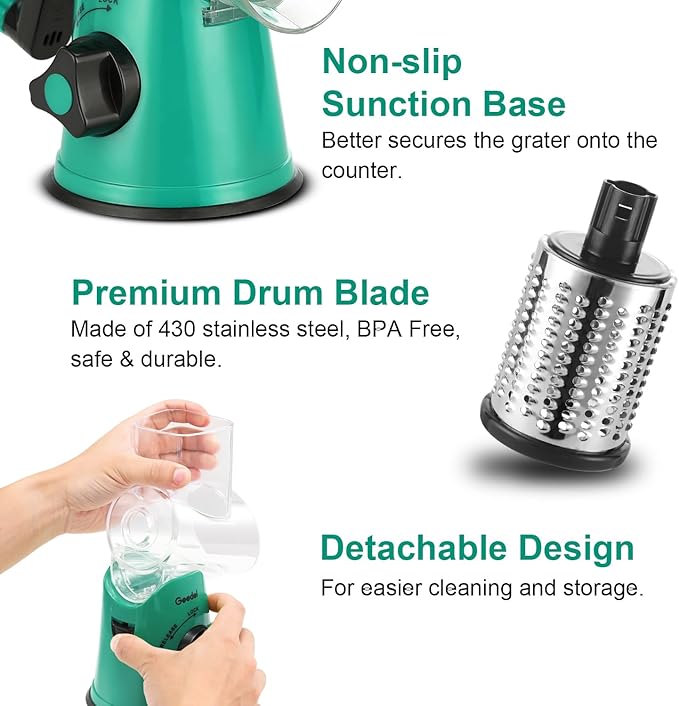 Geedel Rotary Cheese Grater with 3 Interchangeable Blades, Kitchen Mandoline Vegetable Slicer for Fruit, Nuts , Easy to Clean - Image 6