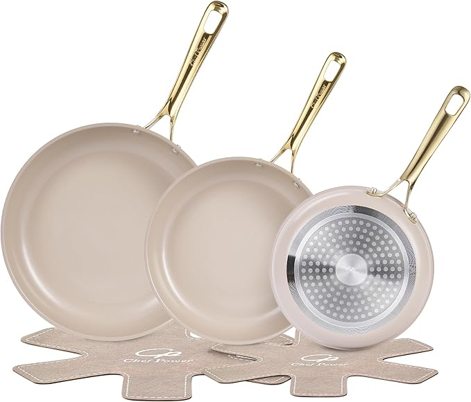 Chef Power Ceramic Frying Pan with Stainless Steel Handle 5Pcs Set, Non Stick Grill Pan Set, Dishwasher and Oven Safe, Taupe and Light Gold Handle by ChefPower