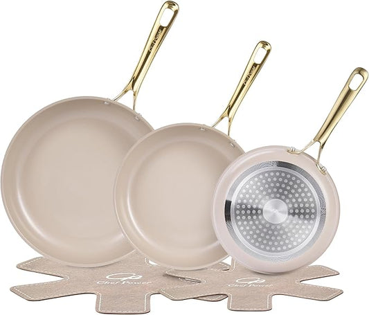 Chef Power Ceramic Frying Pan with Stainless Steel Handle 5Pcs Set, Non Stick Grill Pan Set, Dishwasher and Oven Safe, Taupe and Light Gold Handle by ChefPower
