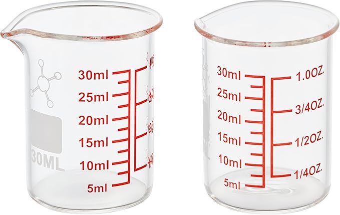 High Borosilicate Glass Measuring Cup-V-Shaped Spout，Glass Measuring Beaker for Kitchen or Restaurant, Easy to Read, 30 ML (1 Oz)-Pack of 2 by AckersBORO33