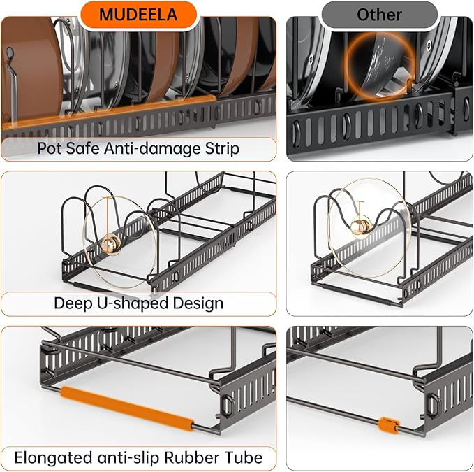 MUDEELA Pots and Pans Organizer Rack for under Cabinet, Expandable Pot Lid Kitchen Cabinet Organizer Holder with 10 Adjustable Compartment Cutting Board Organizer for Pan Lid Cookie Sheet Rack, Bronze - Image 4