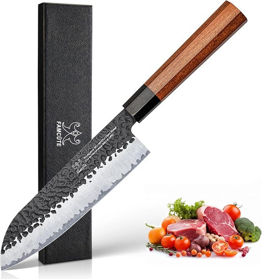 FAMCÜTE Santoku Knife 7 inch, Hand Forged 5 Layers 9CR18MOV High Carbon Steel Professional Kitchen Knife, Ultra Sharp Rosewood Handle Japanese Chopping Knife As a Thoughtful Birthday Gift for Dad/Mom by FAMC%C3%9CTE