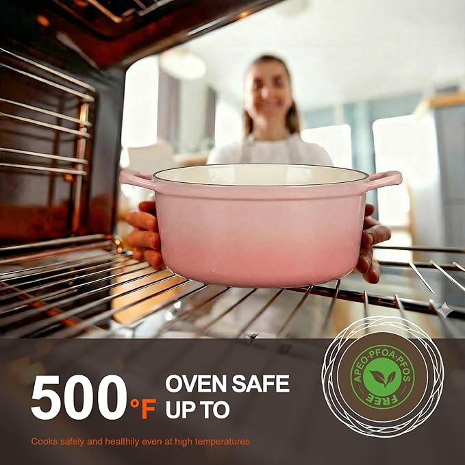 Overmont Enameled Cast Iron Dutch Oven - 5.5QT Pot with Wide Handles Lid Cookbook & Cotton Potholders - Heavy-Duty Pre-Seasoned Cookware Oven Safe to 500°F for Braising, Stews, Roasting, Sourdough Baking - Image 4
