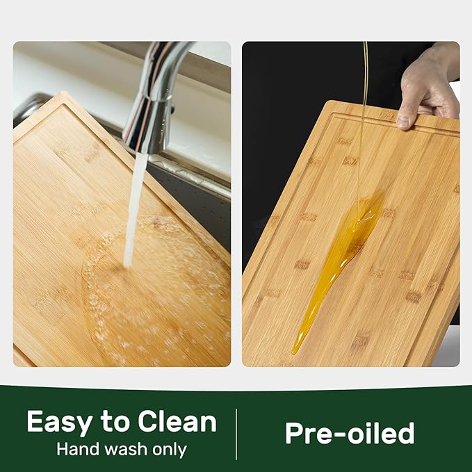 Kikcoin 20”×14” Bamboo Cutting Boards for Kitchen, Wooden Healthy Cutting Boards for Charcuterie, Vegetables, Cheese, Bread, Extra Large Chopping Boards with Deep Juice Groove and Handle, Natural - Image 6