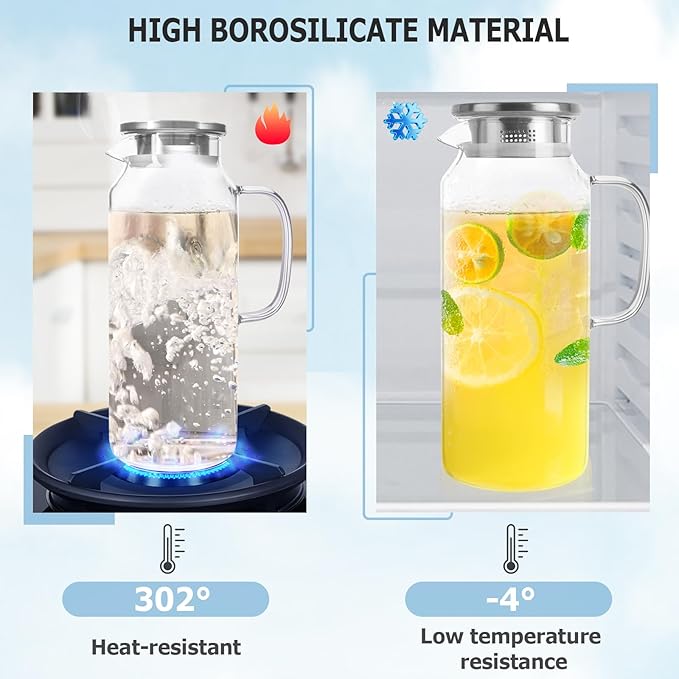 Yirilan Glass Pitcher, 2 Liter(68oz) Water Pitcher with Lid and Spout, Large Pitchers for Drinks, Water Carafe Jug, Beverage Pitchers - Image 3
