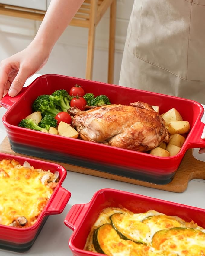 Casserole Dishes For Oven, Heat-Resistant Ceramic Bakeware Set Of 4 Rectangular Baking Dish Set With Handles For Lasagna, Cake, Pie, Dinner, Cooking, Ceramic Baking Dish, Red (9.4"/11.1"/12.2"/14.7") - Image 5