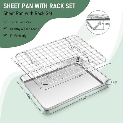 Homikit Toaster Oven Pan with Rack Set (1 Pan+1 Rack), 9 x 7 Inch Small Baking Sheet with Wire Rack, Stainless Steel Cookie Sheets for Baking, Cookie Bacon Tray with Cooling Rack, Dishwasher Safe