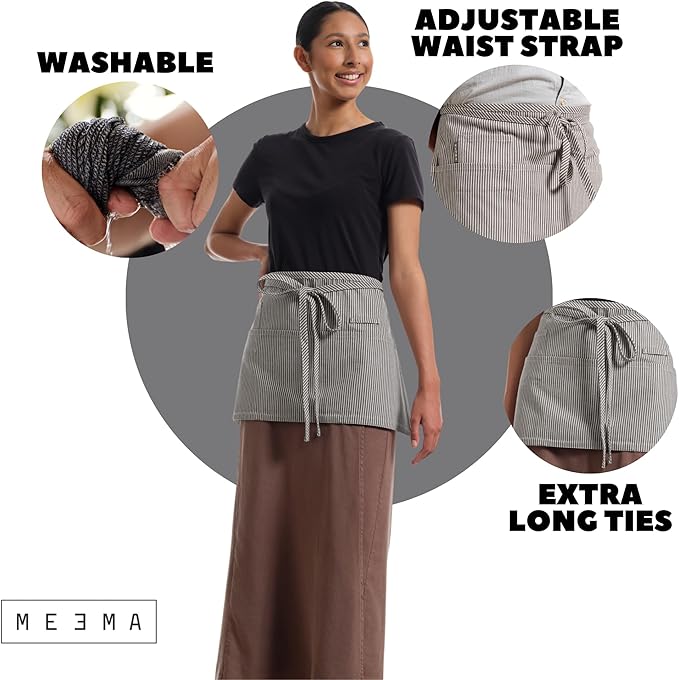 MEEMA Chef Waist Apron Cotton Fabric |Washable & Breathable Waitress & Server Half Aprons for Women with Pockets & Long Waist Straps | Cooking, Baking, Grilling & Crafting