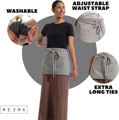MEEMA Chef Waist Apron Cotton Fabric |Washable & Breathable Waitress & Server Half Aprons for Women with Pockets & Long Waist Straps | Cooking, Baking, Grilling & Crafting
