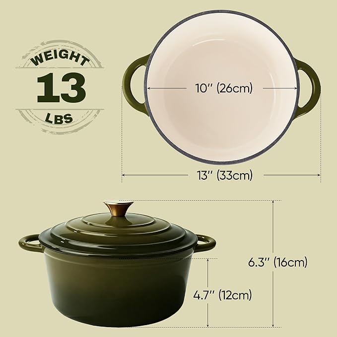 Vintage Style 6 Quart Dutch Oven Pot with Lid, Non Stick Enameled Cast Iron Dutch Oven for Bread Baking, Heavy-Duty, Oven Safe Ceramic Cookware Up to 500°F for Baking, Braising, Stews, Roasting, Golden Green - Image 4