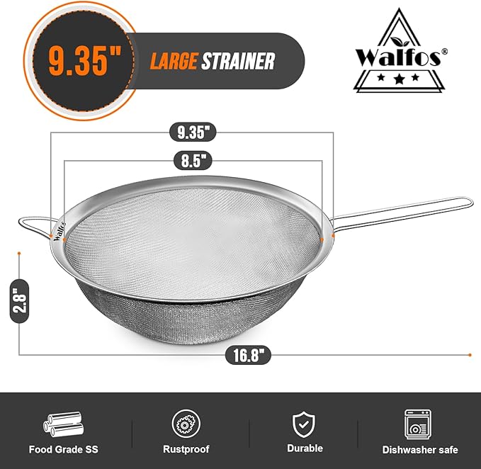 Walfos 9.35 Inch Large Fine Mesh Strainer, Stainless Steel 30 Mesh Sieve with Sturdy Handle, Kitchen Food Strainers Sifters for Rice, Quinoa, Pasta, Fruits, Vegetables, etc. - Image 3