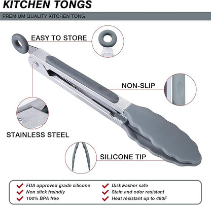 MSY BIGSUNNY Kitchen Food Tongs - 7" Mini Silicone Serving Tongs - Set of 3 (Gray)